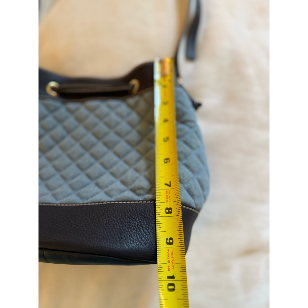 Talbots Purse Blue Quilted Bucket Bag Brown Leather Trim Crossbody Drawstring - Picture 5 of 11